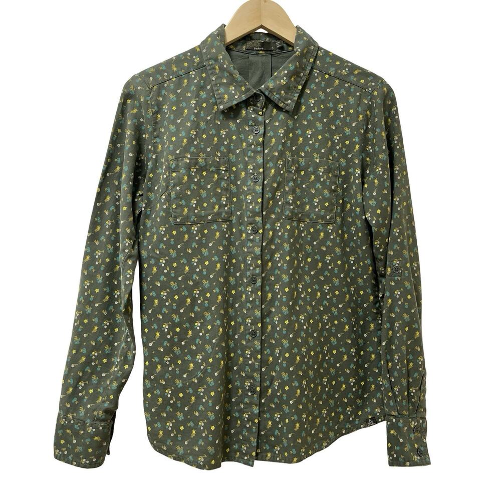 PrAna Womens Salinda Ditsy Floral Button Up Top Size S‎ Olive Organic Cotton